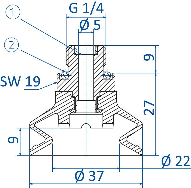Размеры сильфонной вакуумной присоски FIPA серии SP-BX1 22.037.258